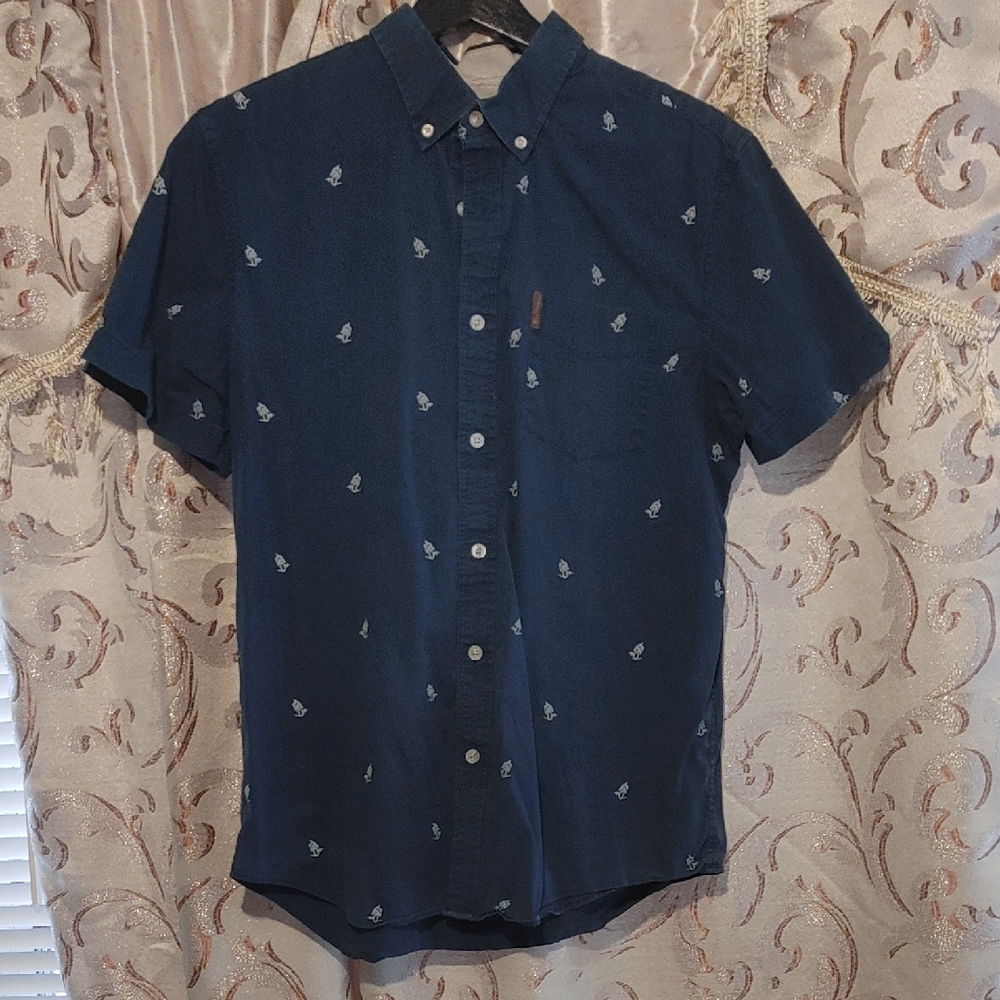 Ben Sherman Men's Dark Green Short-Sleeve Button Down Shirt with Palm Tree Beach